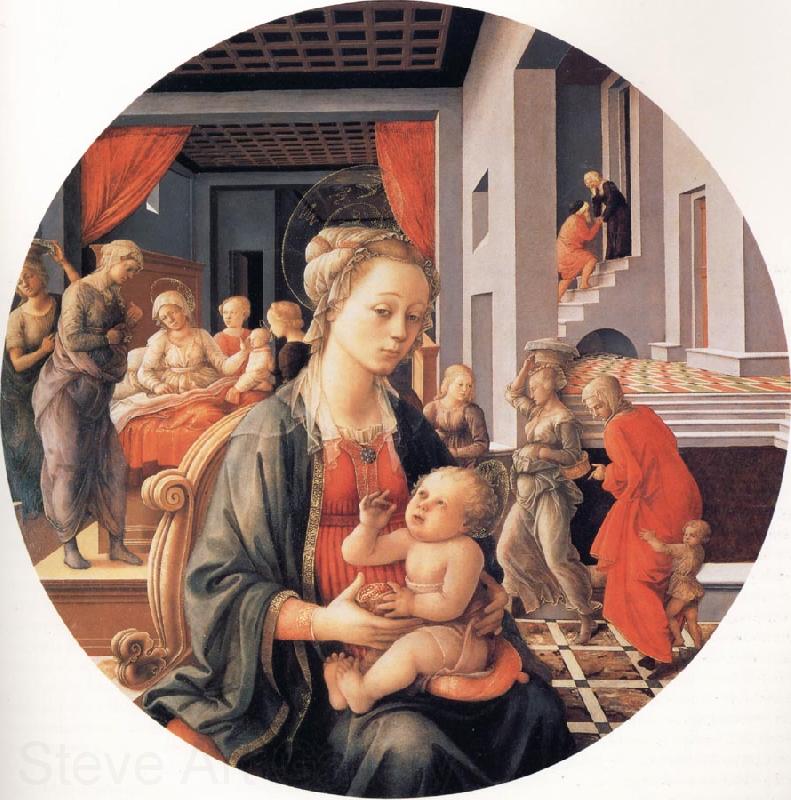 Fra Filippo Lippi The Madonna and Child with the Birth of the Virgin and the Meeting of Joachim and Anna Germany oil painting art